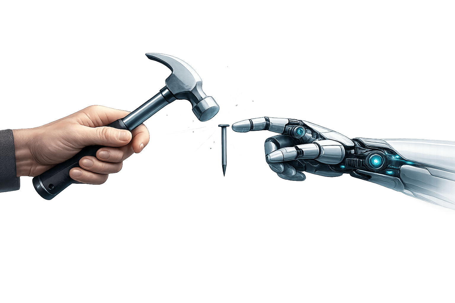 Menschliche Hand und KI-Hand als Symbol für Synergie.